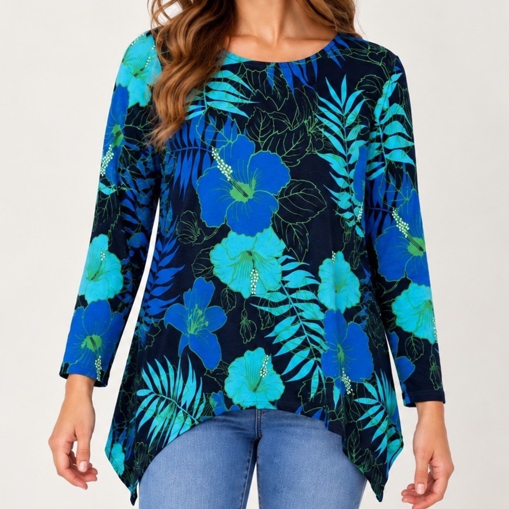 Ruby Rd Tropical Hibiscus Floral Tunic M Blue Resortcore Coastal Sharkbite Hem